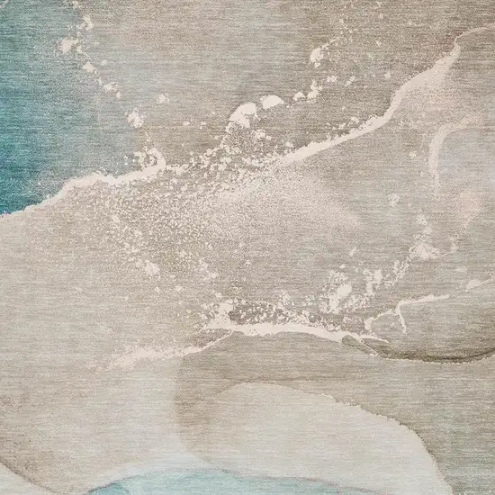 Teal Beige And Ivory Abstract Washable Area Rug With UV Protection Photo 3