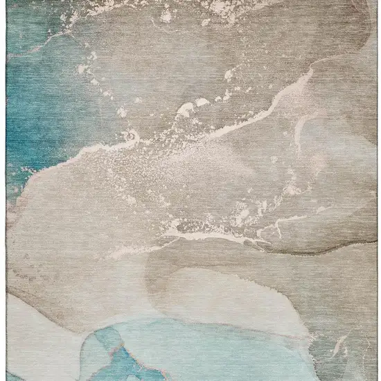 Teal Beige And Ivory Abstract Washable Area Rug With UV Protection Photo 4