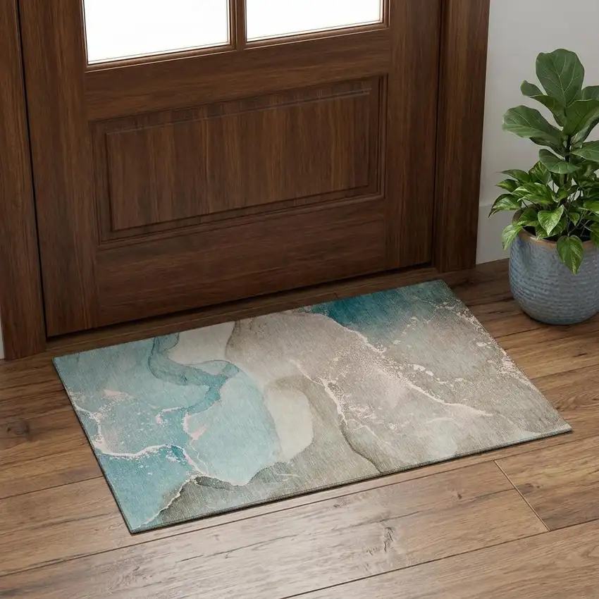 Teal Beige And Ivory Abstract Washable Area Rug With UV Protection Photo 1