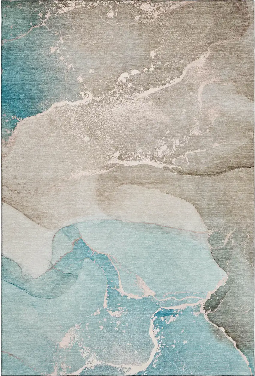 Teal Beige And Ivory Abstract Washable Area Rug With UV Protection Photo 1