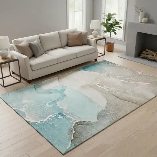 Teal Beige And Ivory Abstract Washable Area Rug With UV Protection Photo 2