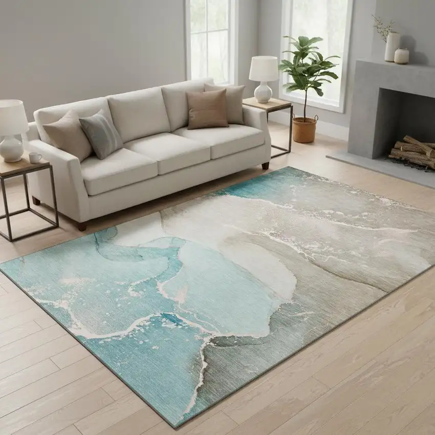 Teal Beige And Ivory Abstract Washable Area Rug With UV Protection Photo 2