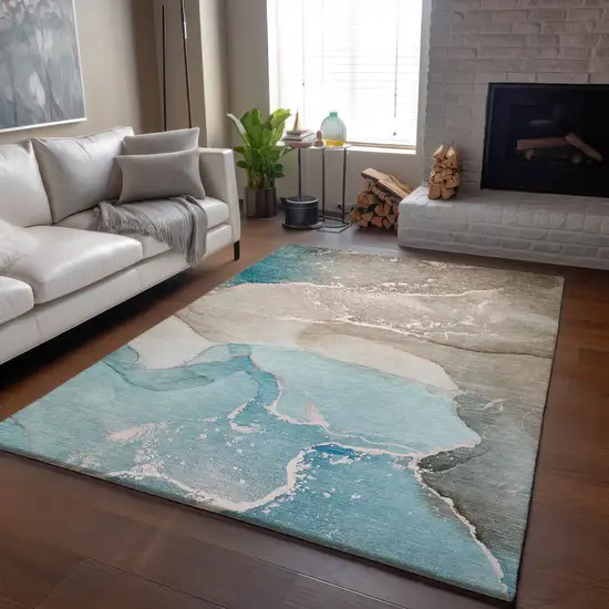 Teal Beige And Ivory Abstract Washable Area Rug With UV Protection Photo 6