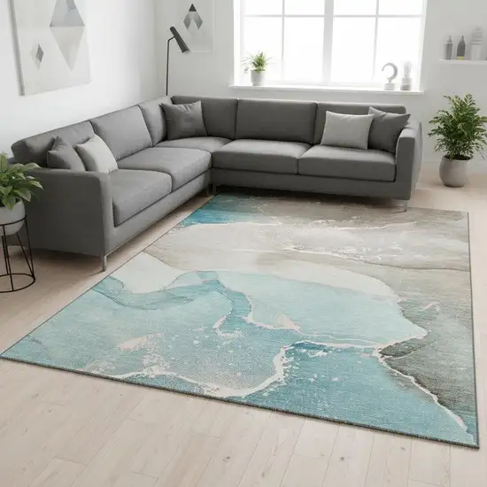 Teal Beige And Ivory Abstract Washable Area Rug With UV Protection Photo 1