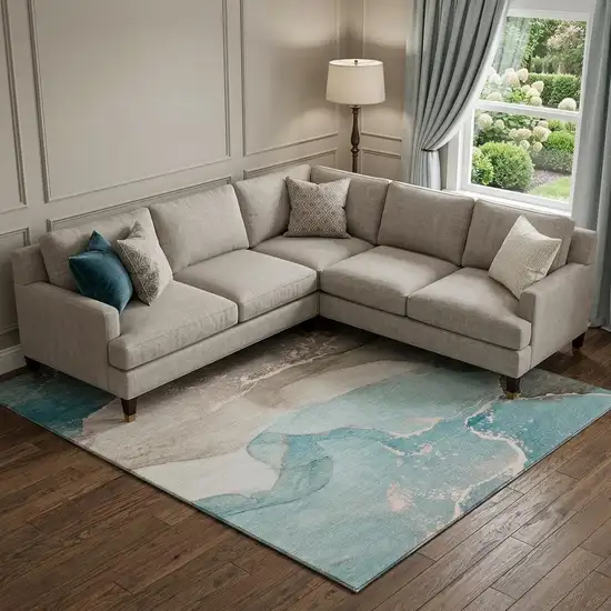 Teal Beige And Ivory Abstract Washable Area Rug With UV Protection Photo 1