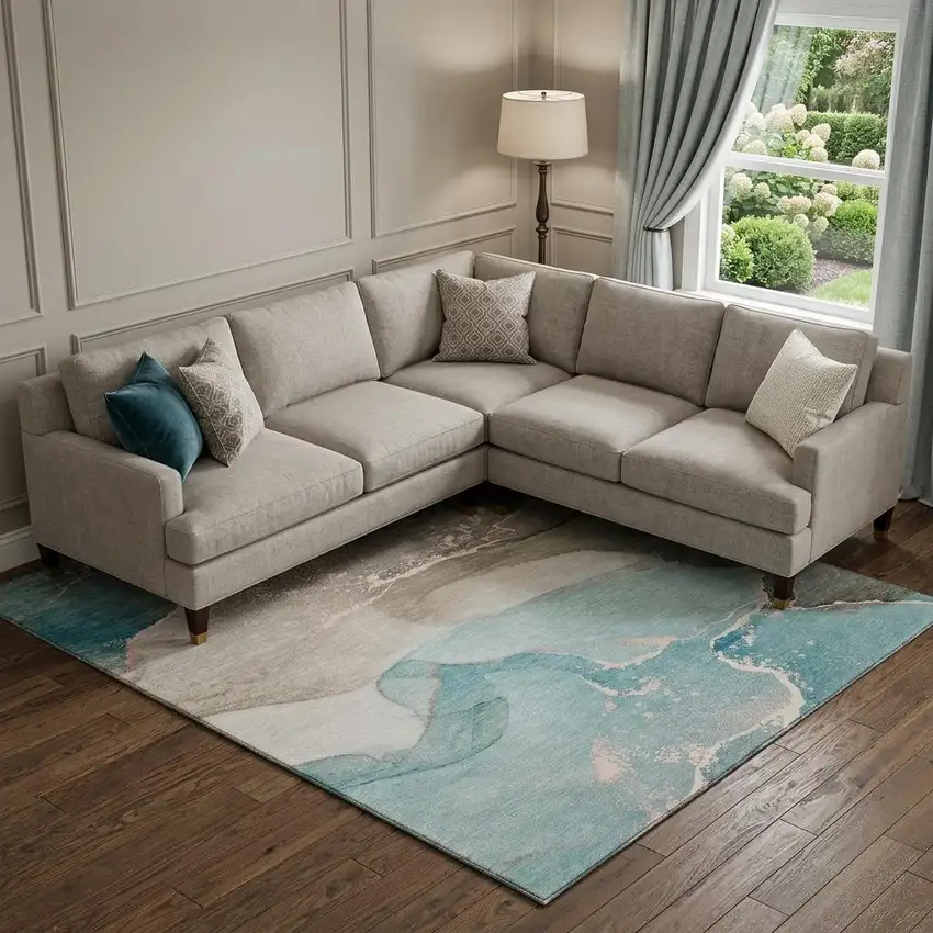 Teal Beige And Ivory Abstract Washable Area Rug With UV Protection Photo 1