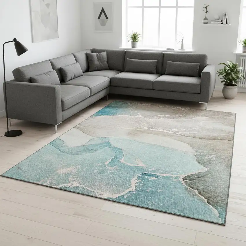 Teal Beige And Ivory Abstract Washable Area Rug With UV Protection Photo 1