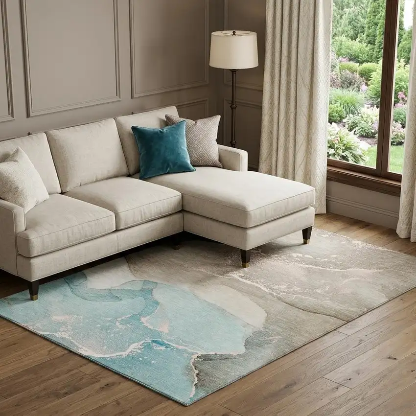 Teal Beige And Ivory Abstract Washable Area Rug With UV Protection Photo 1