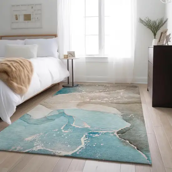 Teal Beige And Ivory Abstract Washable Area Rug With UV Protection Photo 5