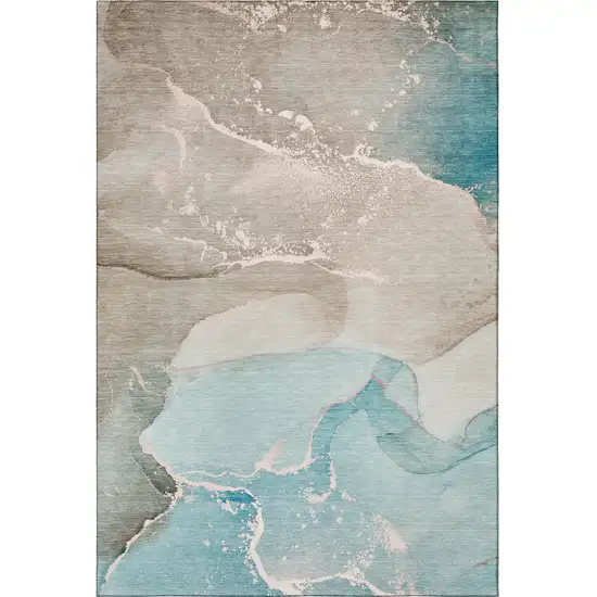Teal Beige And Ivory Abstract Washable Area Rug With UV Protection Photo 4