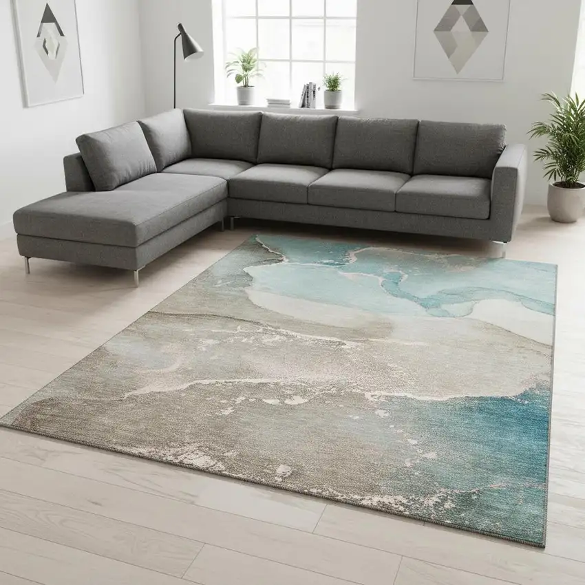 Teal Beige And Ivory Abstract Washable Area Rug With UV Protection Photo 1