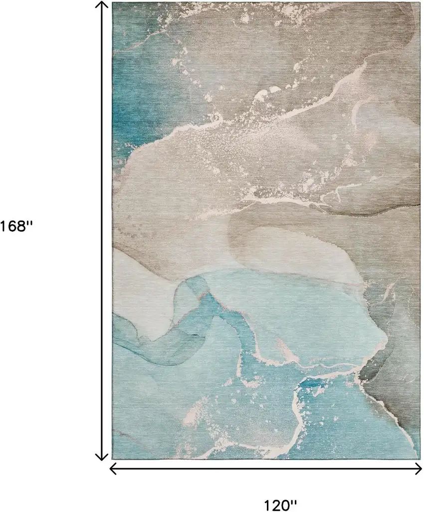 Teal Beige And Ivory Abstract Washable Area Rug With UV Protection Photo 3