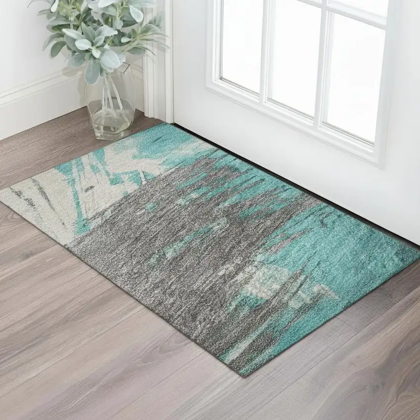 Teal Beige And Ivory Abstract Washable Area Rug With UV Protection Photo 2