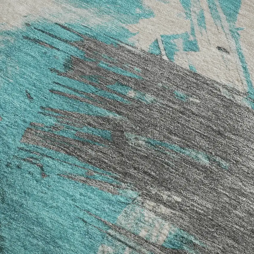 Teal Beige And Ivory Abstract Washable Area Rug With UV Protection Photo 2