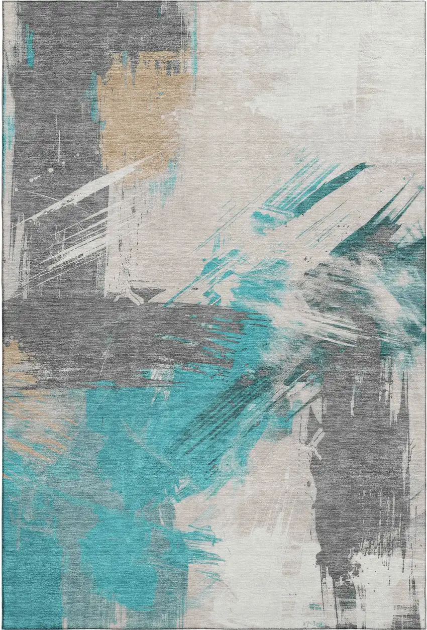 Teal Beige And Ivory Abstract Washable Area Rug With UV Protection Photo 6