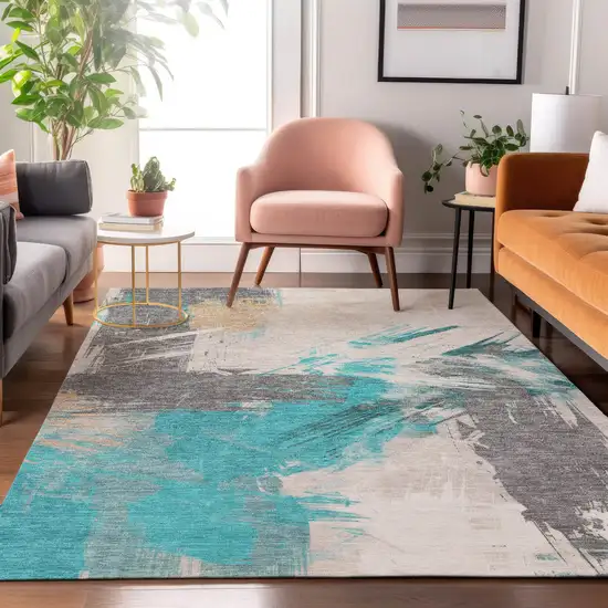 Teal Beige And Ivory Abstract Washable Area Rug With UV Protection Photo 4