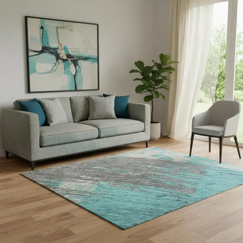 Teal Beige And Ivory Abstract Washable Area Rug With UV Protection Photo 2