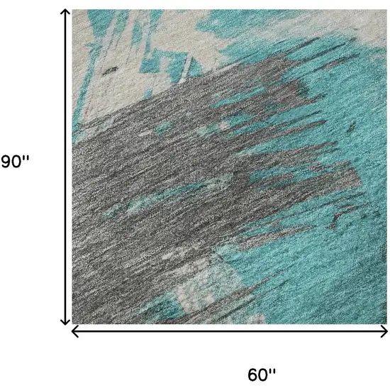 Teal Beige And Ivory Abstract Washable Area Rug With UV Protection Photo 8