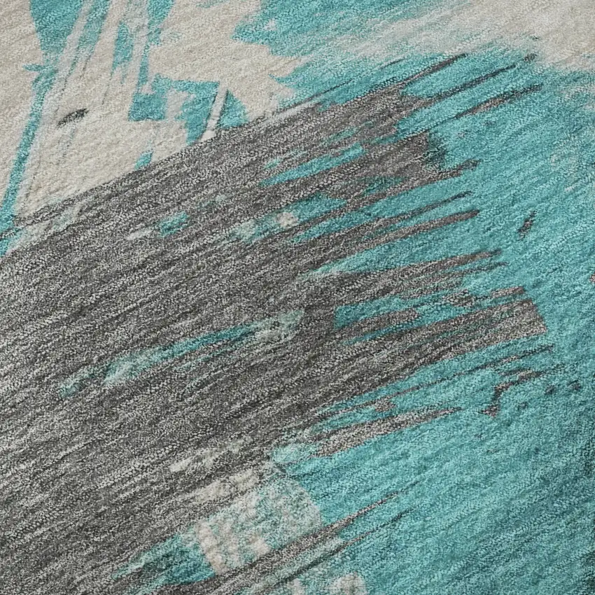 Teal Beige And Ivory Abstract Washable Area Rug With UV Protection Photo 1