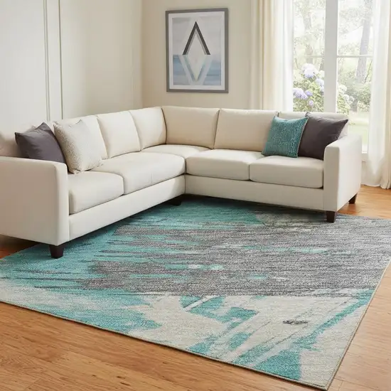 Teal Beige And Ivory Abstract Washable Area Rug With UV Protection Photo 2