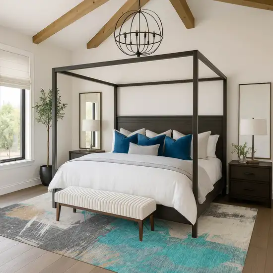 Teal Beige And Ivory Abstract Washable Area Rug With UV Protection Photo 2