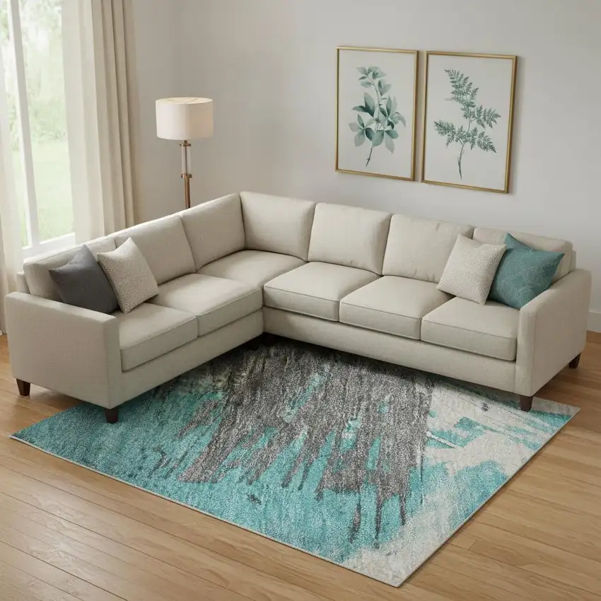 Teal Beige And Ivory Abstract Washable Area Rug With UV Protection Photo 2