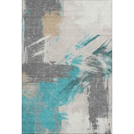 Teal Beige And Ivory Abstract Washable Area Rug With UV Protection Photo 4