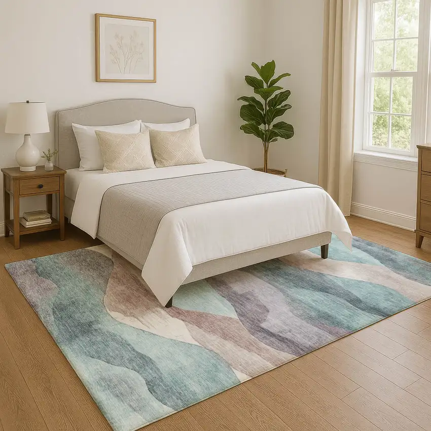 Teal Beige And Ivory Abstract Washable Area Rug With UV Protection Photo 5