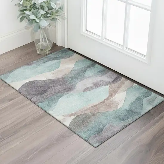 Teal Beige And Ivory Abstract Washable Area Rug With UV Protection Photo 2