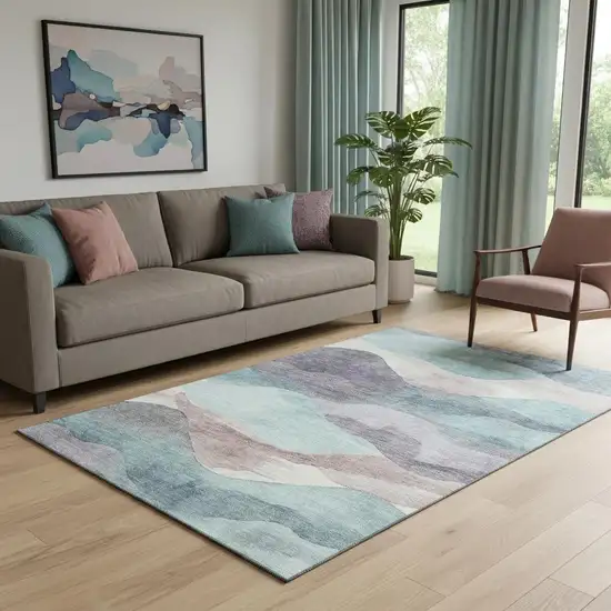 Teal Beige And Ivory Abstract Washable Area Rug With UV Protection Photo 2