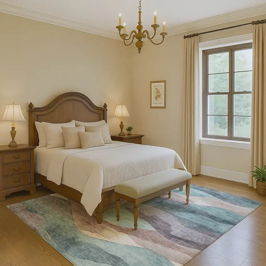 Teal Beige And Ivory Abstract Washable Area Rug With UV Protection Photo 6