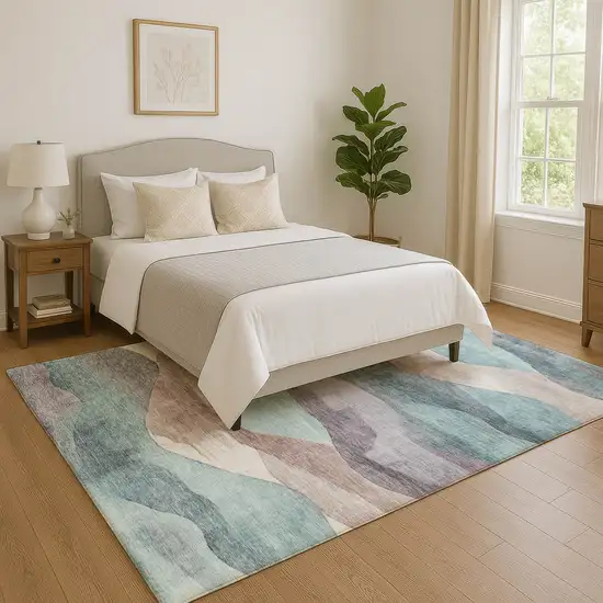 Teal Beige And Ivory Abstract Washable Area Rug With UV Protection Photo 5