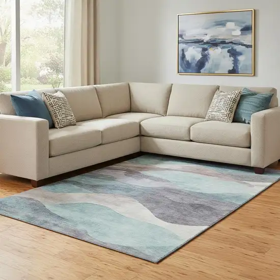 Teal Beige And Ivory Abstract Washable Area Rug With UV Protection Photo 2