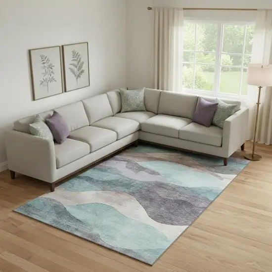 Teal Beige And Ivory Abstract Washable Area Rug With UV Protection Photo 2