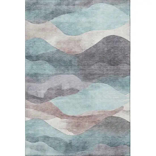 Teal Beige And Ivory Abstract Washable Area Rug With UV Protection Photo 4