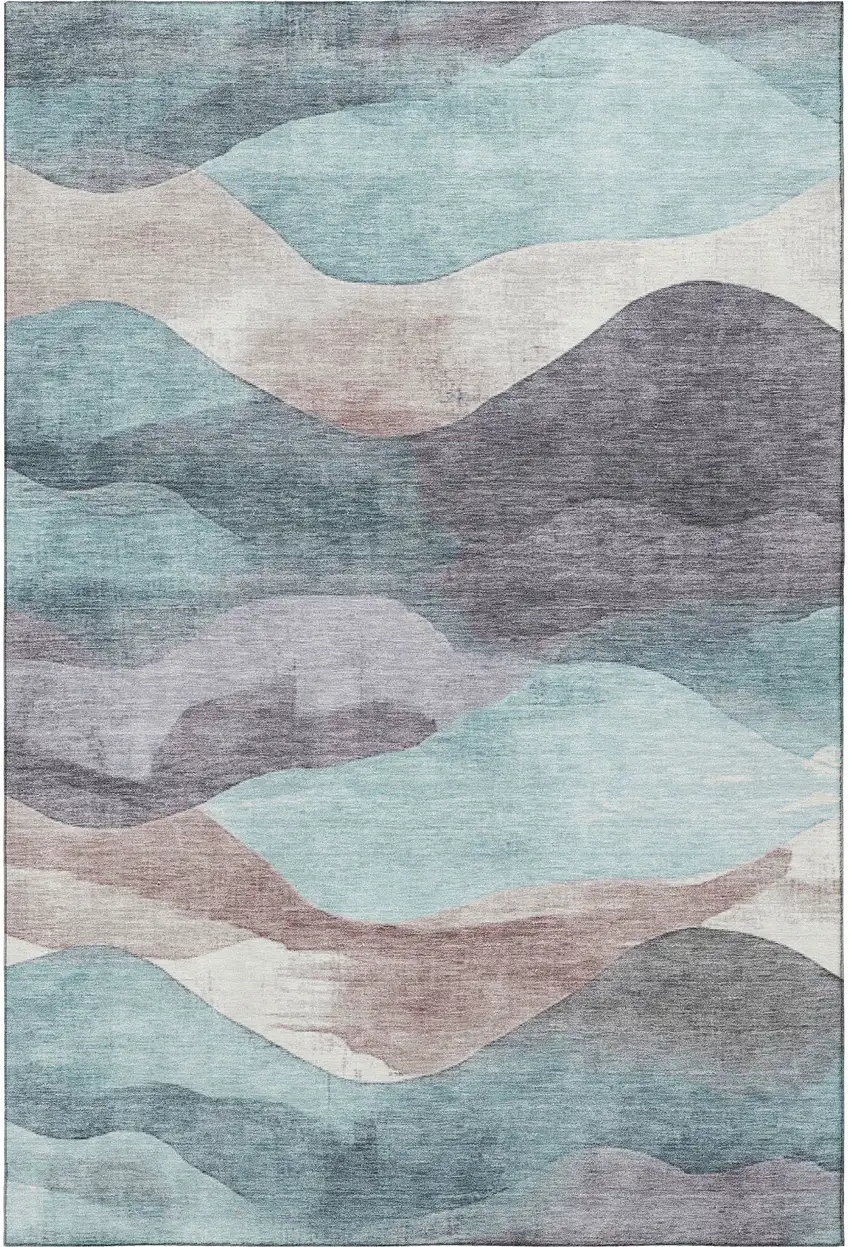 Teal Beige And Ivory Abstract Washable Area Rug With UV Protection Photo 4