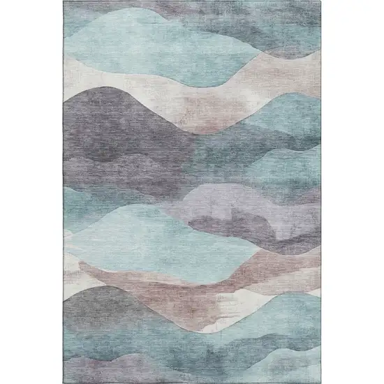 Teal Beige And Ivory Abstract Washable Area Rug With UV Protection Photo 1