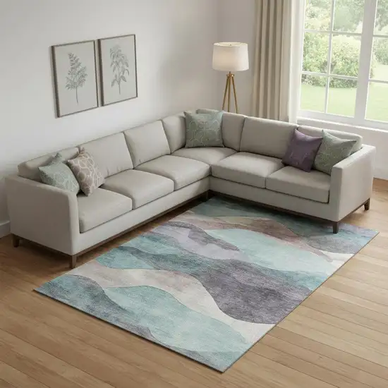 Teal Beige And Ivory Abstract Washable Area Rug With UV Protection Photo 2