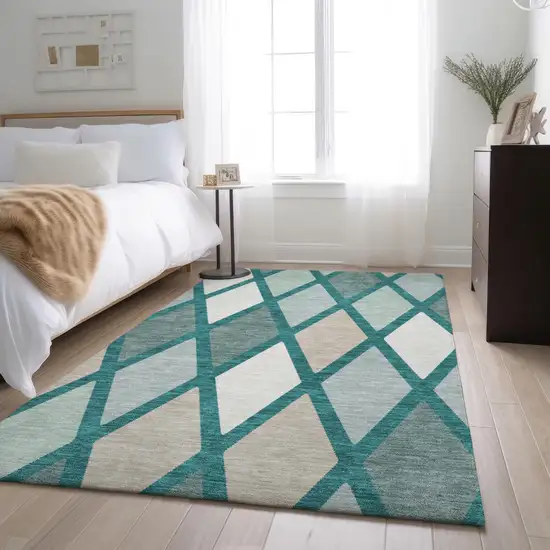 Teal Beige And Ivory Geometric Washable Area Rug With UV Protection Photo 4