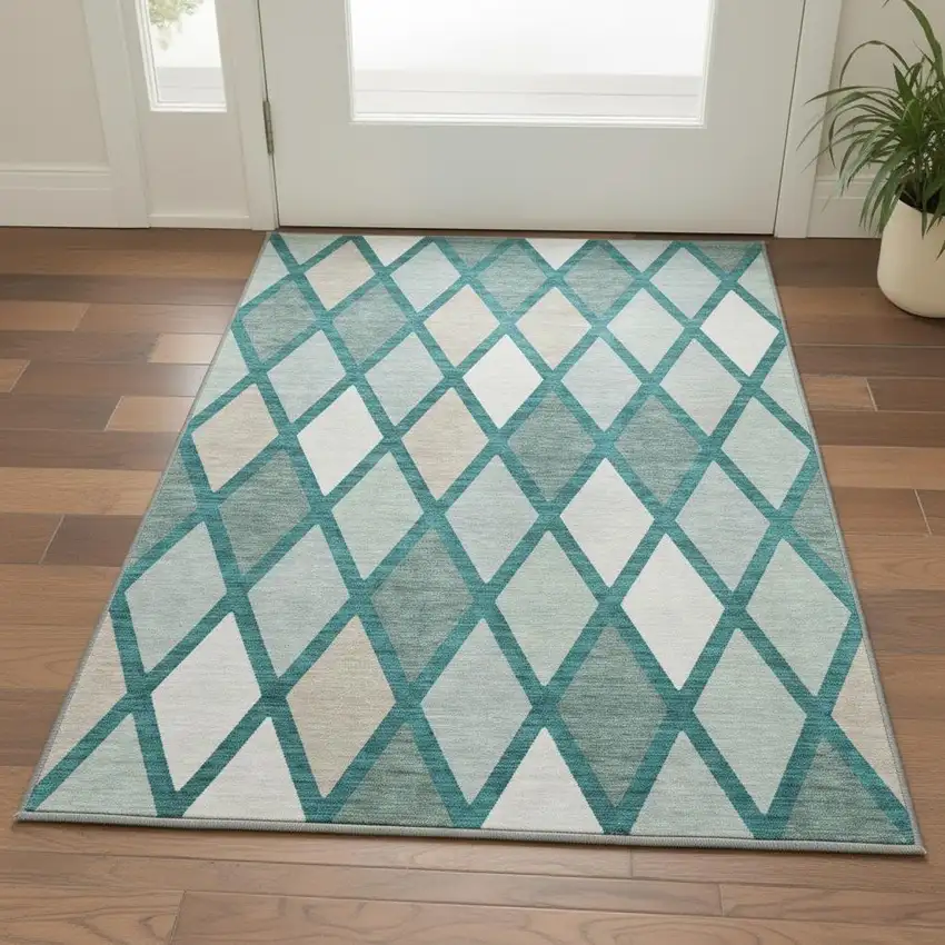 Teal Beige And Ivory Geometric Washable Area Rug With UV Protection Photo 2