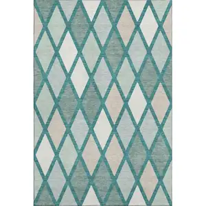 Photo of Teal Beige And Ivory Geometric Washable Area Rug With UV Protection