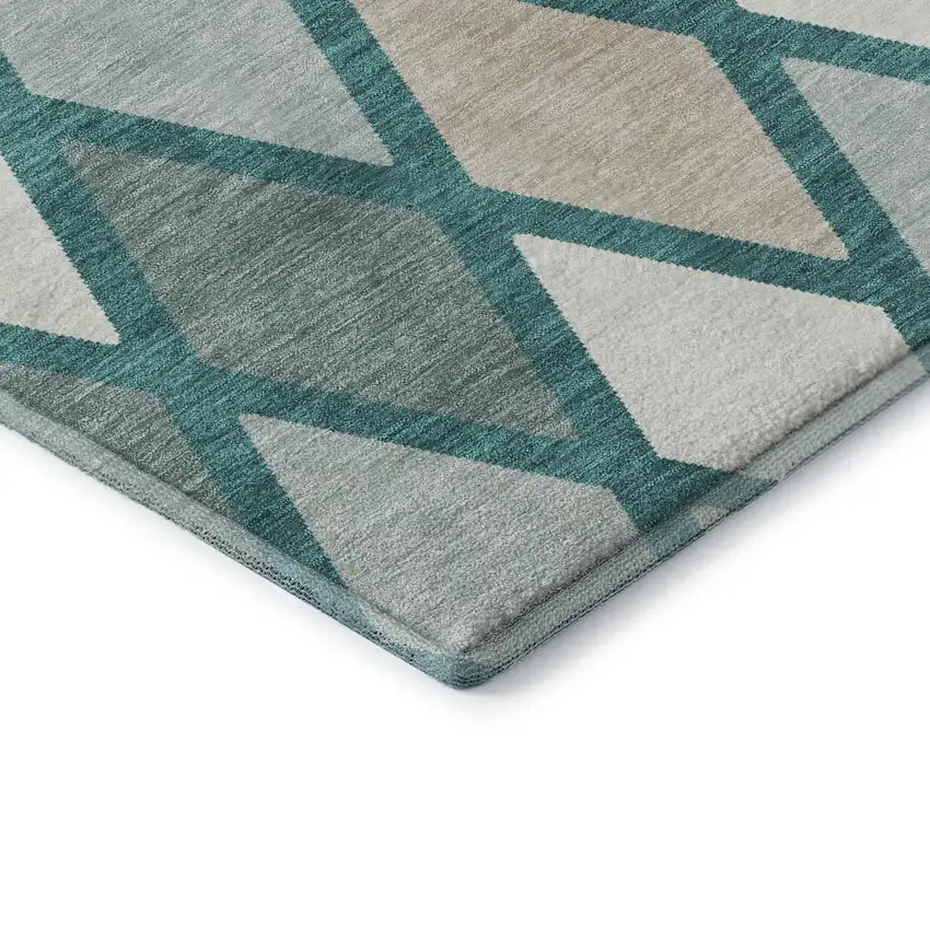 Teal Beige And Ivory Geometric Washable Area Rug With UV Protection Photo 7