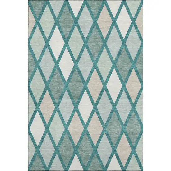 Teal Beige And Ivory Geometric Washable Area Rug With UV Protection Photo 1