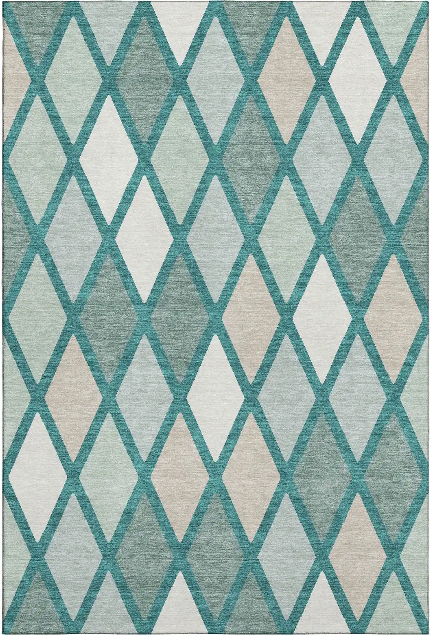 Teal Beige And Ivory Geometric Washable Area Rug With UV Protection Photo 1