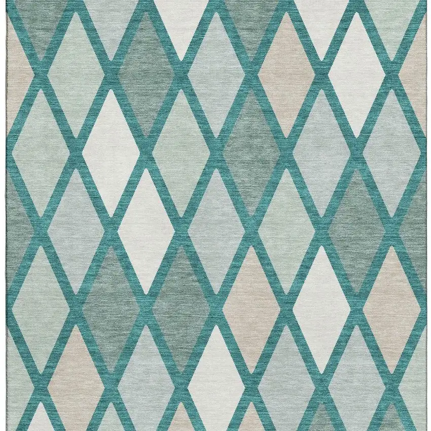 Teal Beige And Ivory Geometric Washable Area Rug With UV Protection Photo 3
