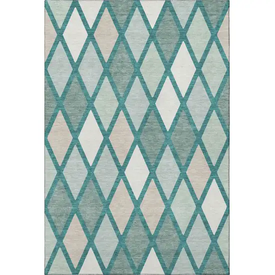 Teal Beige And Ivory Geometric Washable Area Rug With UV Protection Photo 4