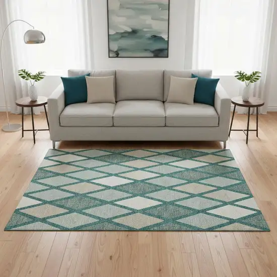 Teal Beige And Ivory Geometric Washable Area Rug With UV Protection Photo 2