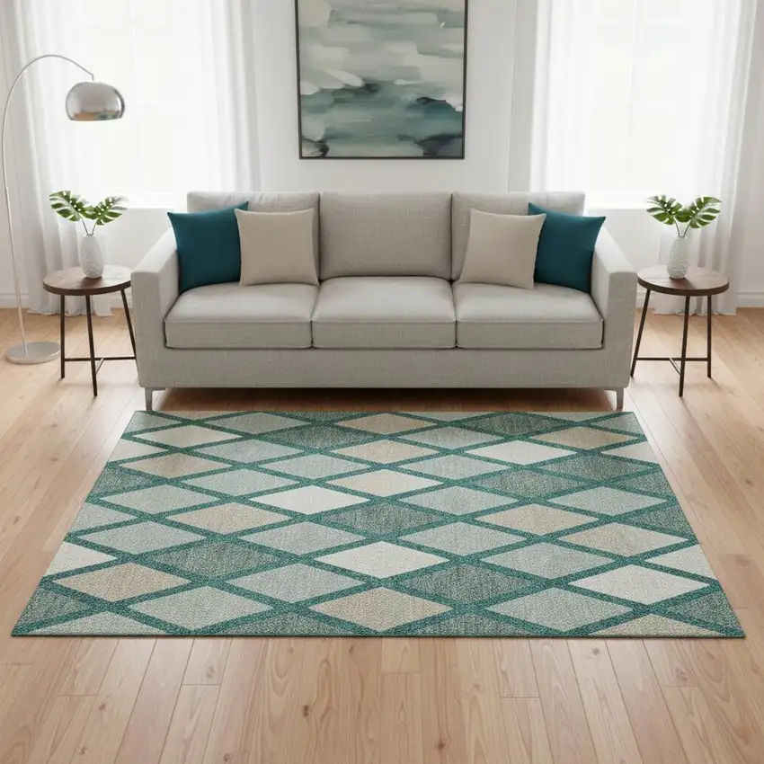 Teal Beige And Ivory Geometric Washable Area Rug With UV Protection Photo 2