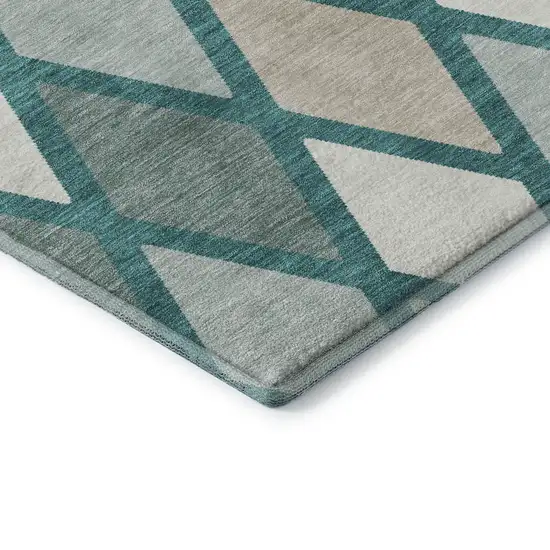 Teal Beige And Ivory Geometric Washable Area Rug With UV Protection Photo 7