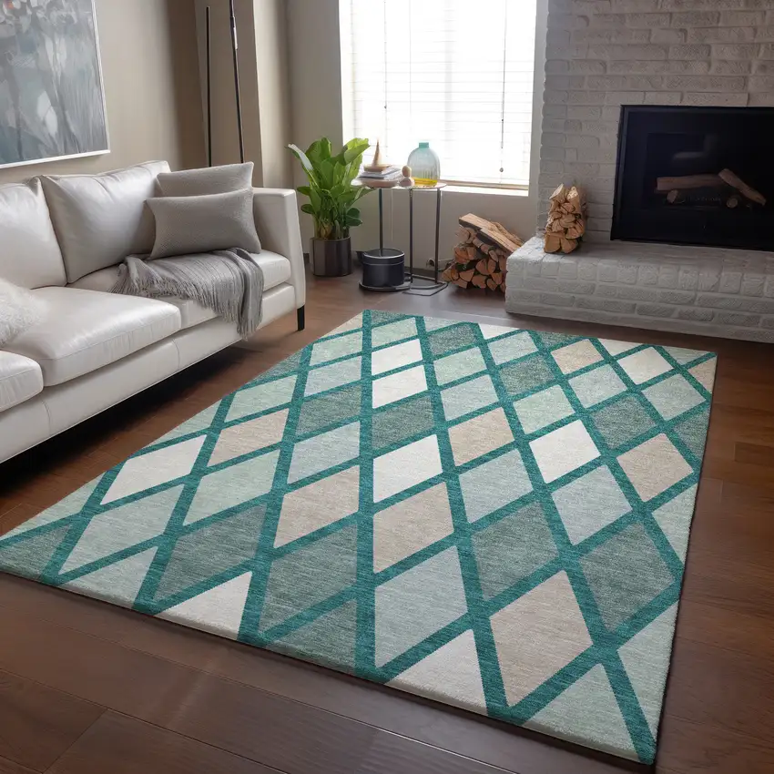 Teal Beige And Ivory Geometric Washable Area Rug With UV Protection Photo 5